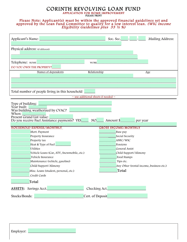 CORINTH REVOLVING LOAN FUND APPLICATION FOR HOME IMPROVEMENT screenshot