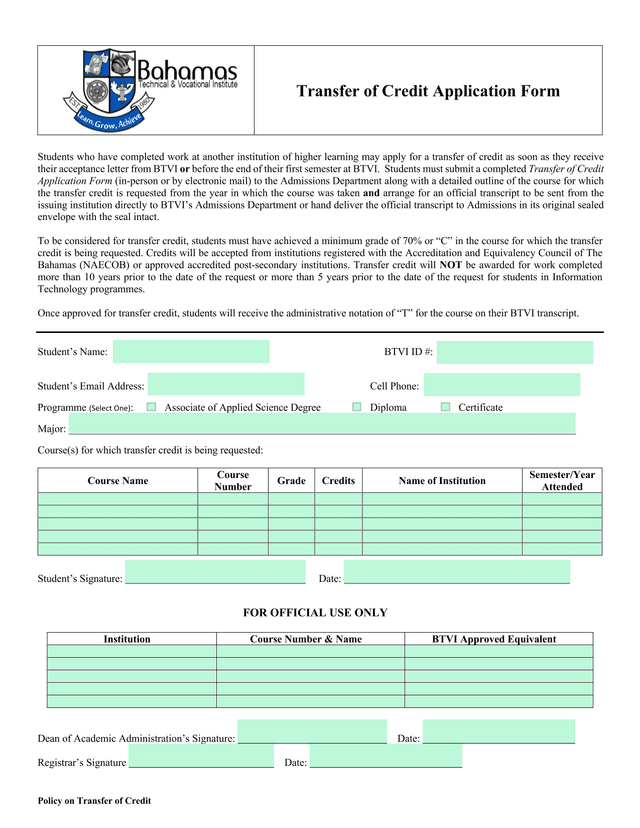 Transfer Of Credit Application Form screenshot