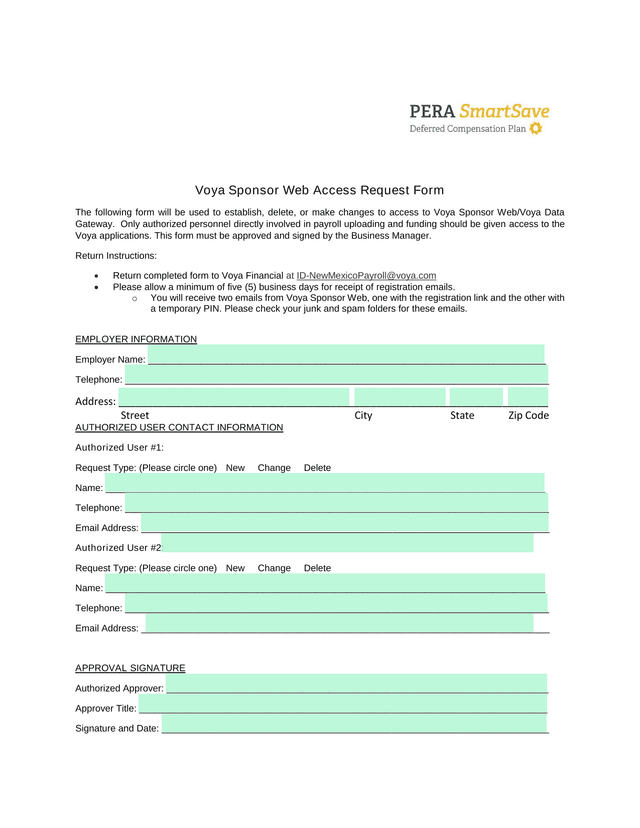 Voya Sponsor Web Access Request Form screenshot