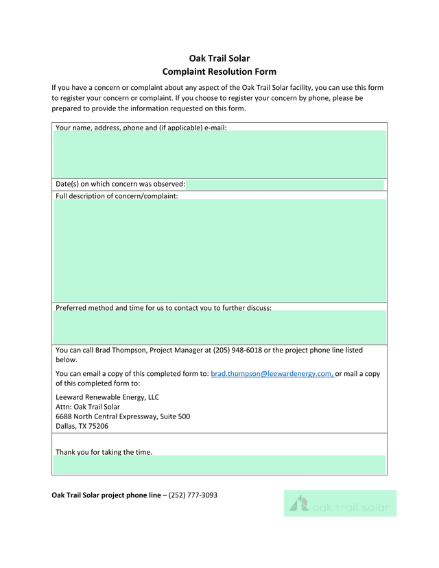 Oak Trail Solar Complaint Resolution Form screenshot