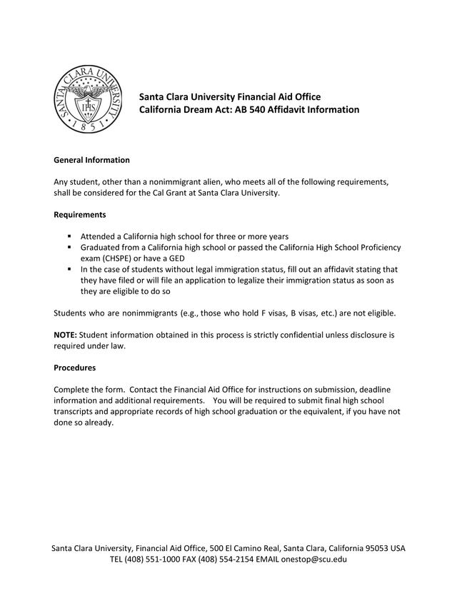 California Dream Act AB 540 Affidavit Information screenshot