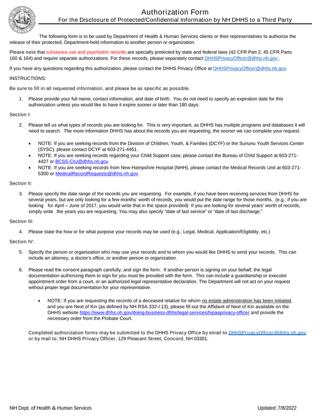 Authorization Form For The Disclosure Of ProtectedConfidential Information By NH DHHS To A Third Par screenshot