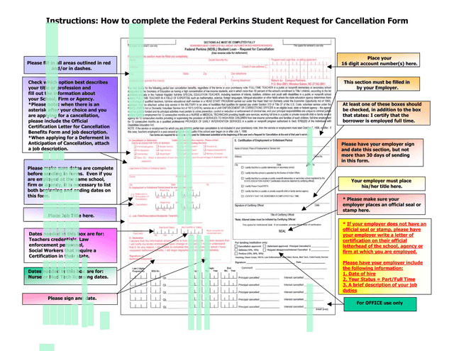 Federal Perkins Student Request For Cancellation Form screenshot