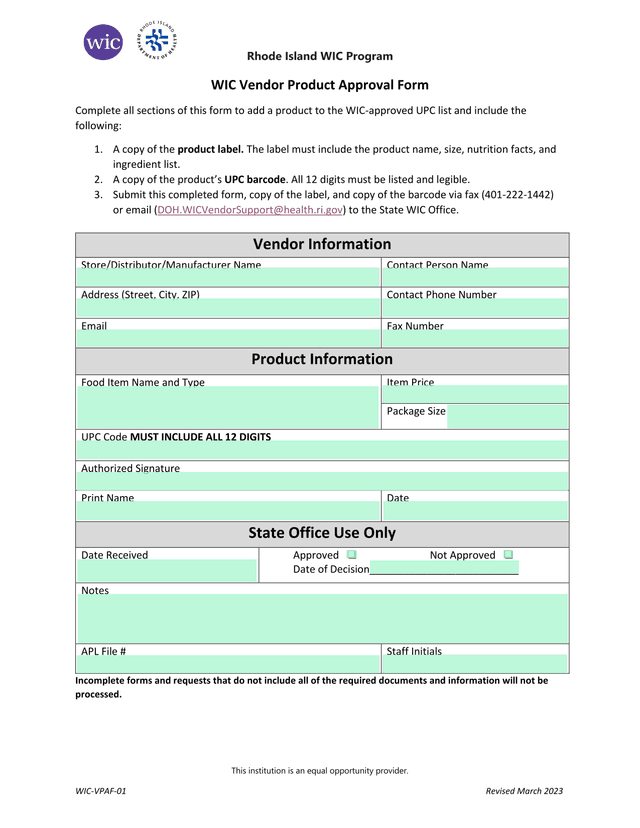 WIC Vendor Product Approval Form screenshot