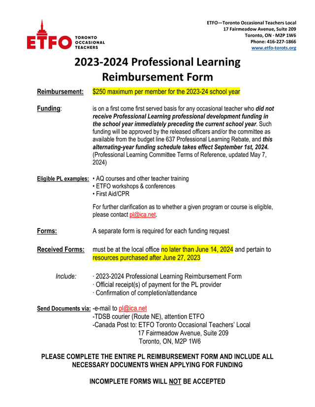 2023 2024 Professional Learning Reimbursement Form screenshot