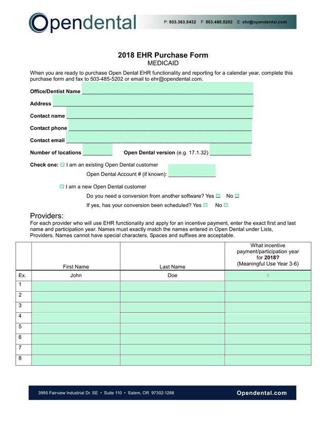 2018 EHR Purchase Form screenshot