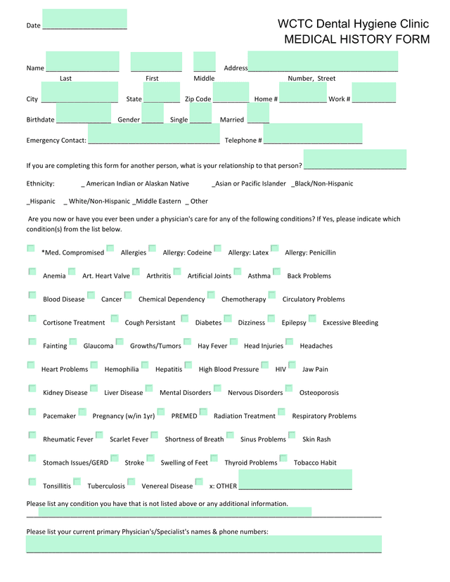 WCTC Dental Hygiene Clinic MEDICAL HISTORY FORM screenshot