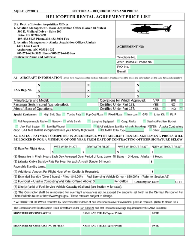 Helicopter Rental Agreement Price List screenshot