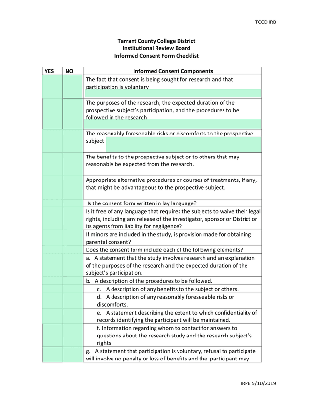Tarrant County College District Institutional Review Board Informed Consent Form Checklist screenshot