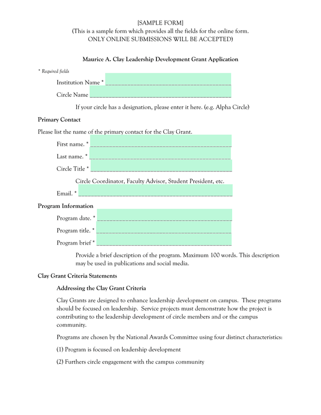 Maurice A. Clay Leadership Development Grant Application screenshot