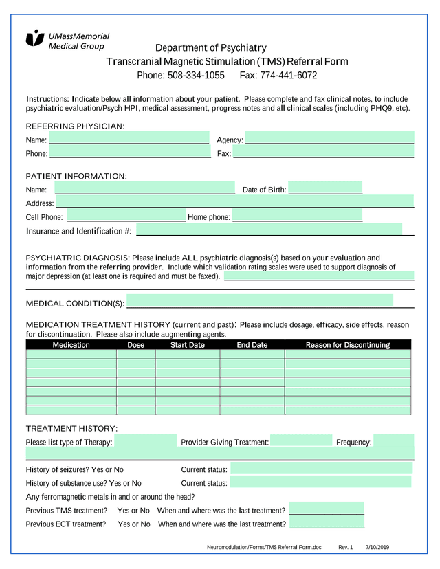 Transcranial Magnetic Stimulation (TMS) Referral Form screenshot