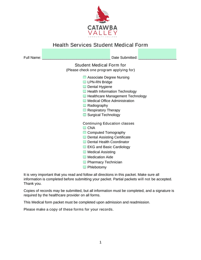 Health Services Student Medical Form screenshot