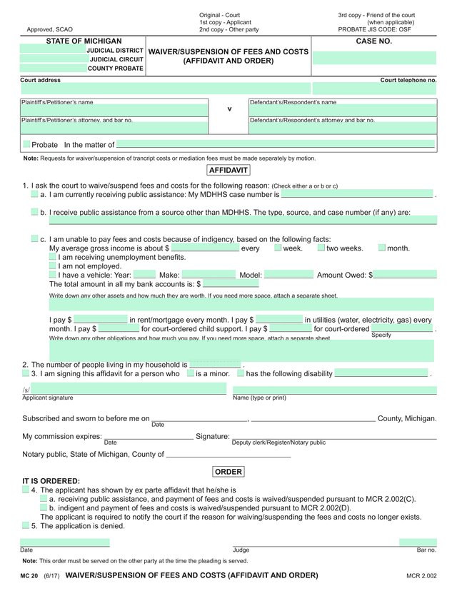 MC 20 (617) WAIVERSUSPENSION OF FEES AND COSTS (AFFIDAVIT AND ORDER) screenshot