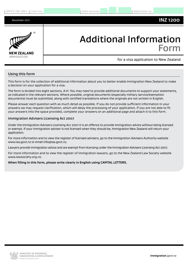 Additional Information Form INZ 1200 screenshot