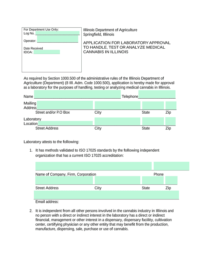 APPLICATION FOR LABORATORY APPROVAL TO HANDLE, TEST OR ANALYZE MEDICAL CANNABIS IN ILLINOIS screenshot