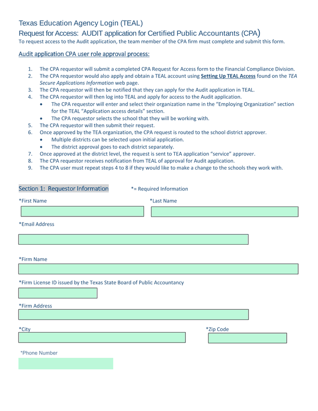 Texas Education Agency Login (TEAL) Request For Access AUDIT Application For Certified Public Accoun screenshot