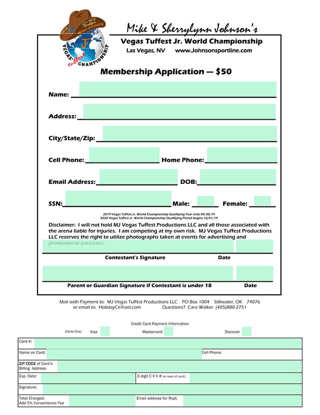 Vegas Tuffest Jr. World Championship Membership Application screenshot