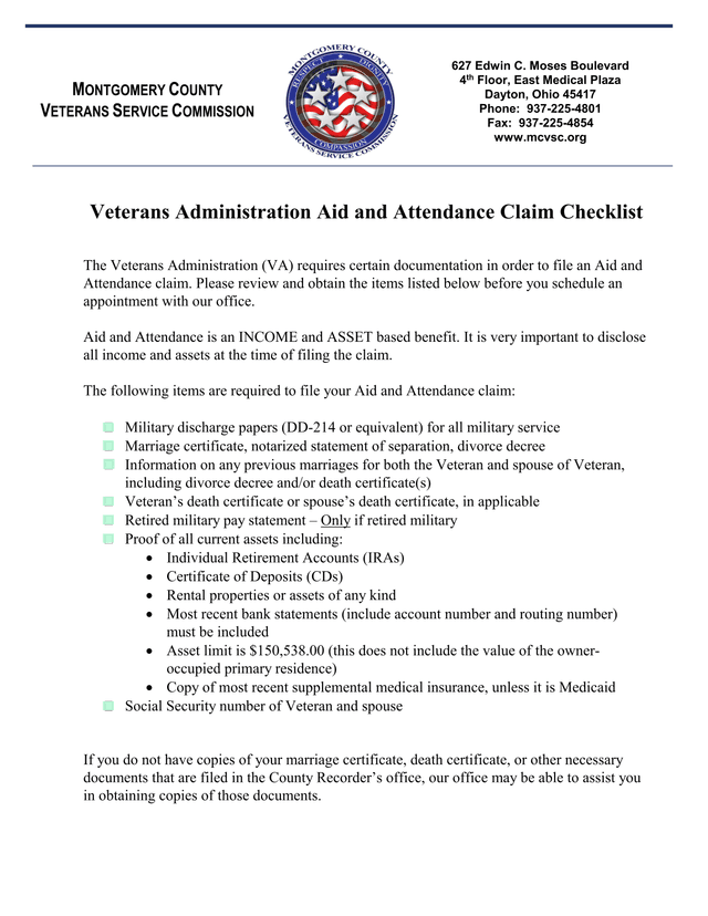 Veterans Administration Aid And Attendance Claim Checklist screenshot
