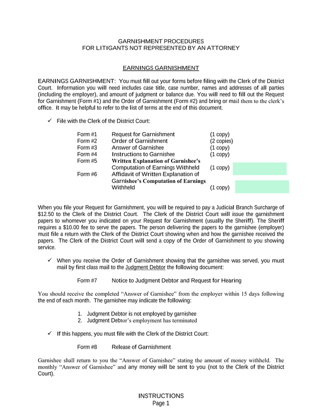 GARNISHMENT PROCEDURES FOR LITIGANTS NOT REPRESENTED BY AN ATTORNEY screenshot