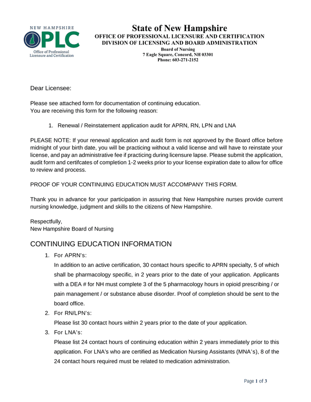 Continuing Education Documentation Form screenshot