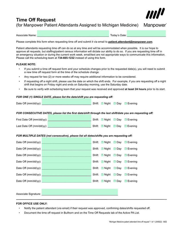 Time Off Request (For Manpower Patient Attendants Assigned To Michigan Medicine) screenshot