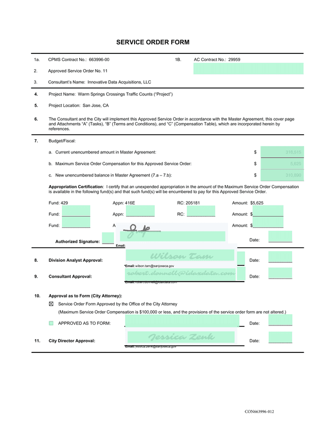 SERVICE ORDER FORM screenshot