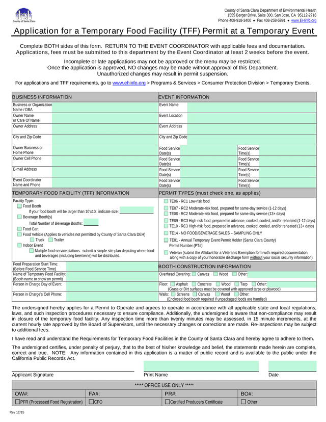 Application For A Temporary Food Facility (TFF) Permit At A Temporary Event screenshot