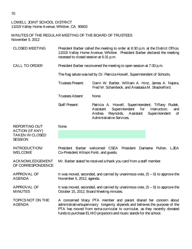 Lowell Joint School District Board Of Trustees Meeting Minutes screenshot