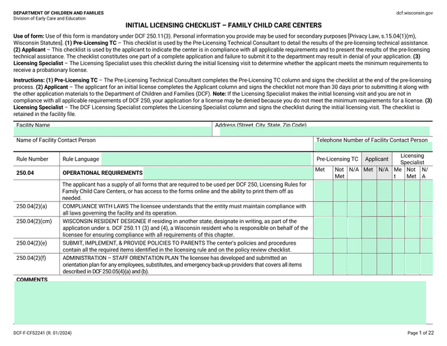 INITIAL LICENSING CHECKLIST  FAMILY CHILD CARE CENTERS screenshot