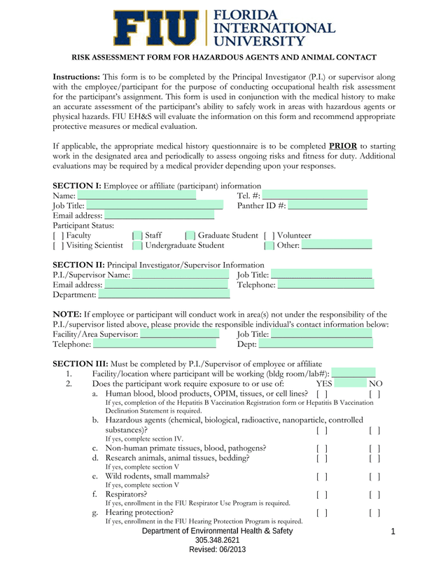 Risk Assessment Form For Hazardous Agents And Animal Contact screenshot
