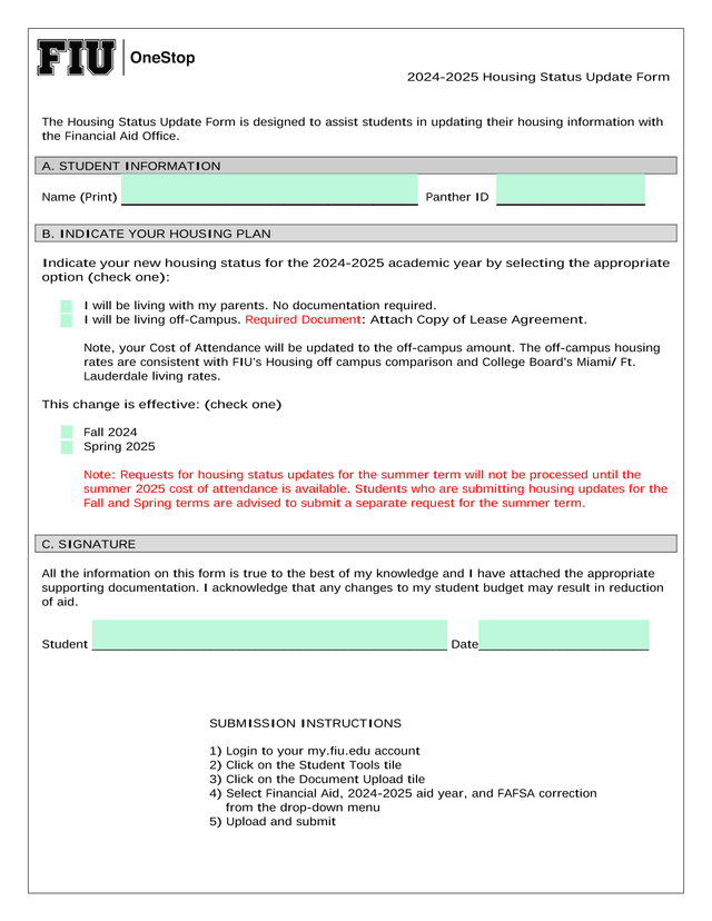 2024 2025 Housing Status Update Form screenshot