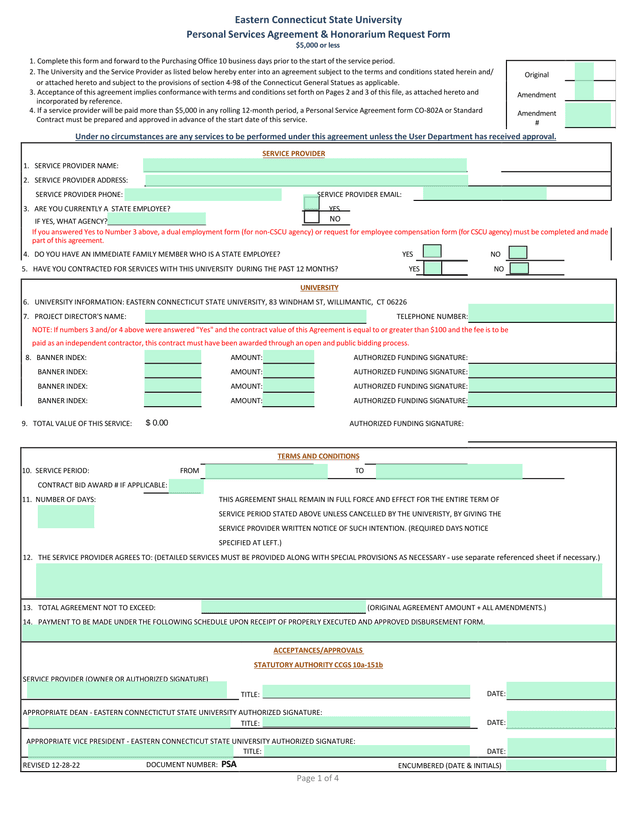 Personal Services Agreement  Honorarium Request Form screenshot