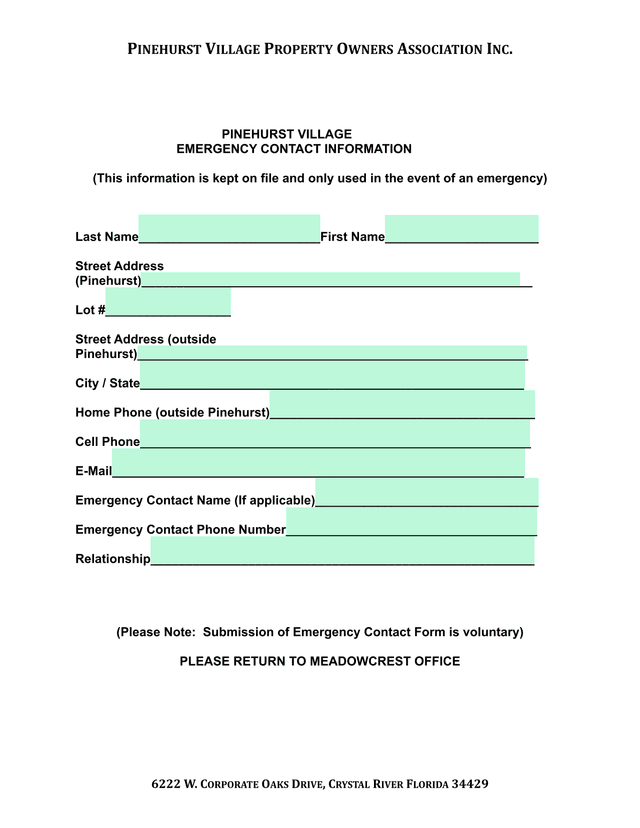 Pinehurst Village Emergency Contact Information screenshot