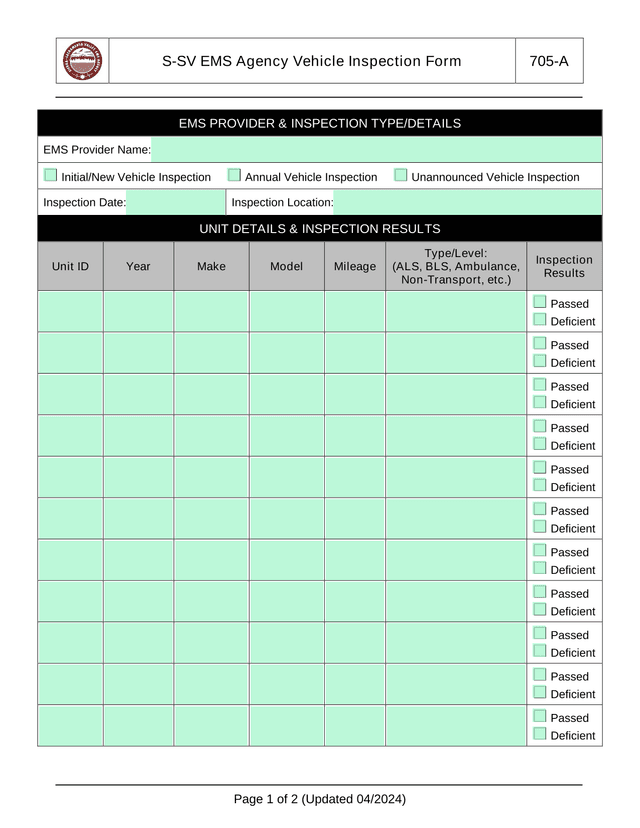 S SV EMS Agency Vehicle Inspection Form 705 A screenshot