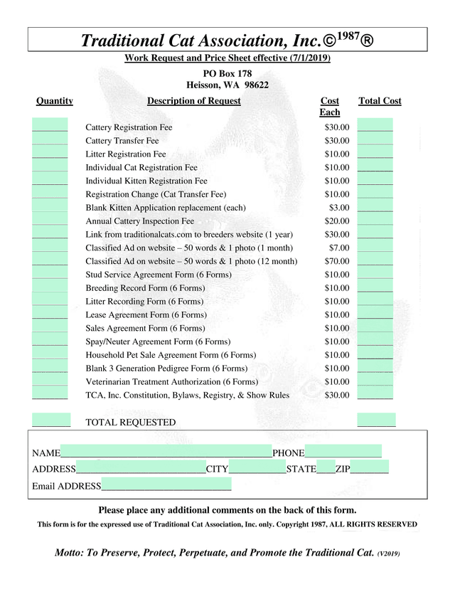 Traditional Cat Association Work Request And Price Sheet screenshot