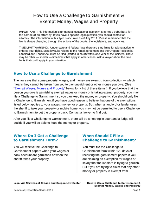 How To Use A Challenge To Garnishment  Exempt Money, Wages And Property screenshot