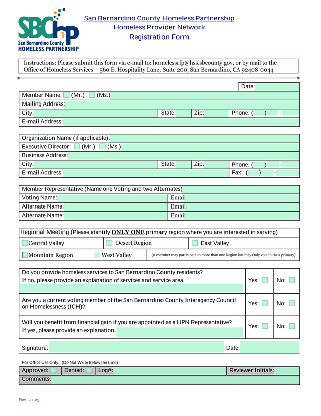 San Bernardino County Homeless Partnership Homeless Provider Network Registration Form screenshot