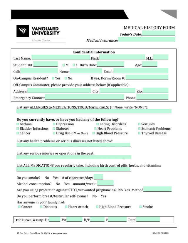 MEDICAL HISTORY FORM screenshot
