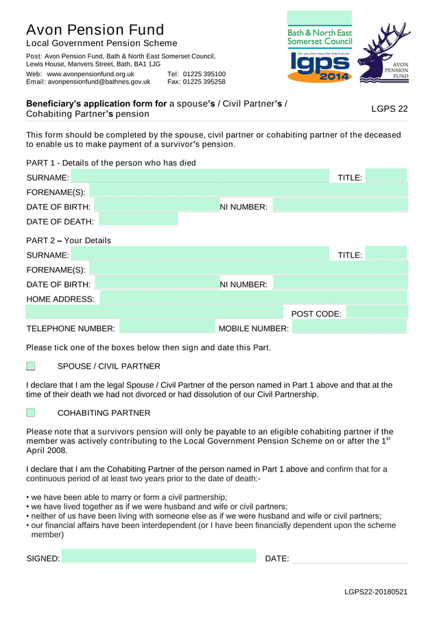 BeneficiaryS Application Form For A SpouseS  Civil PartnerS  Cohabiting PartnerS Pension screenshot