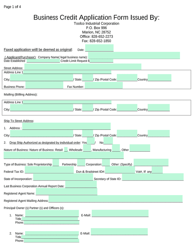 Business Credit Application Form screenshot