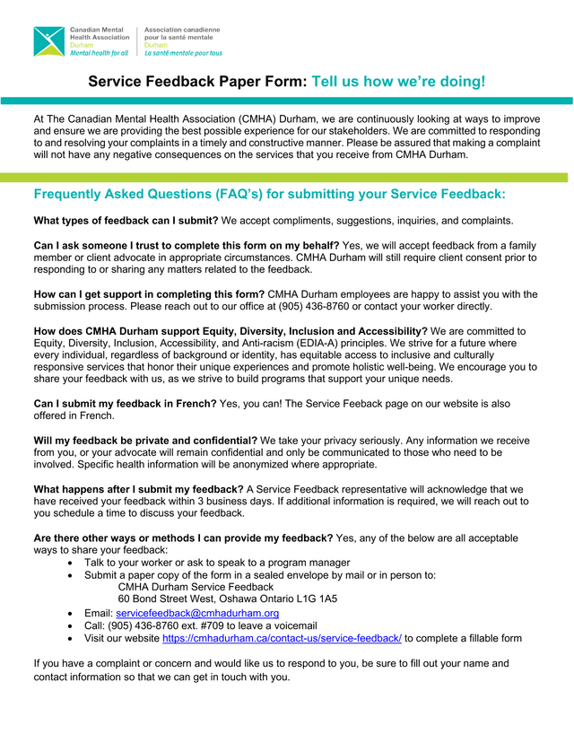 Service Feedback Paper Form screenshot