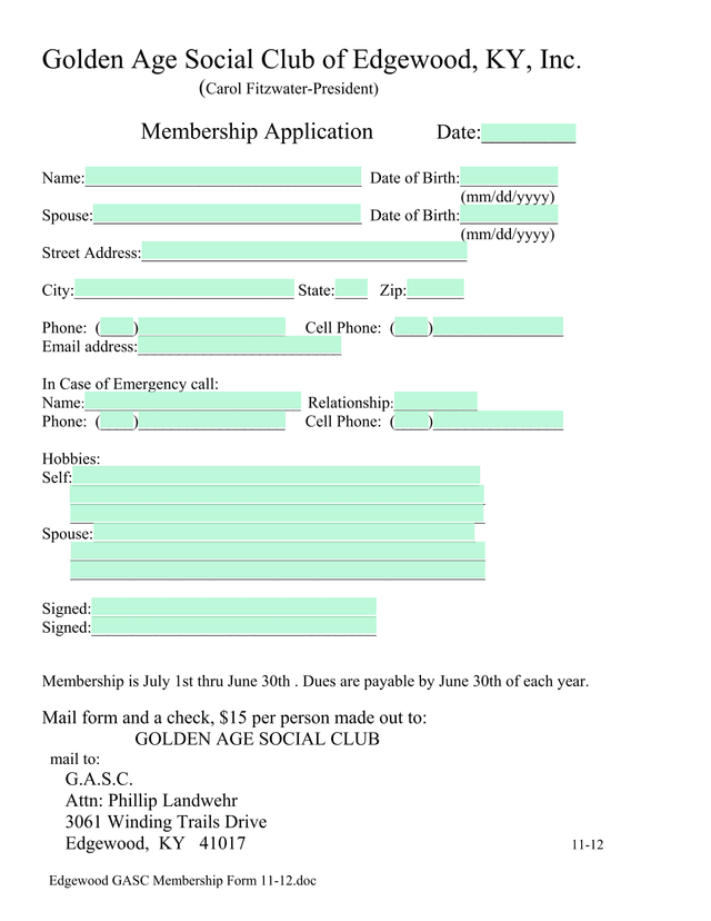 Golden Age Social Club Of Edgewood, KY, Inc. Membership Application screenshot