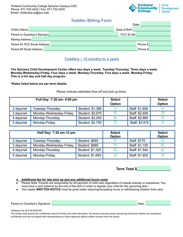 Toddler Billing Form screenshot
