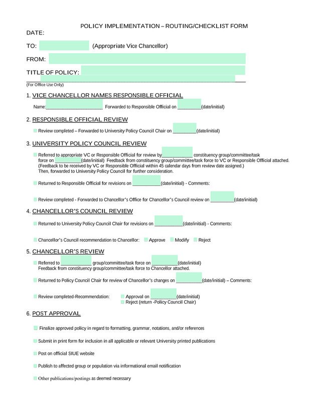 POLICY IMPLEMENTATION  ROUTINGCHECKLIST FORM screenshot