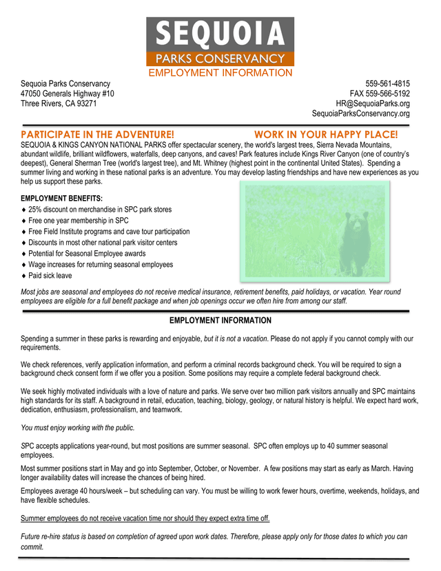 Sequoia Parks Conservancy Employment Information screenshot