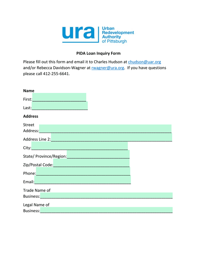 PIDA Loan Inquiry Form screenshot