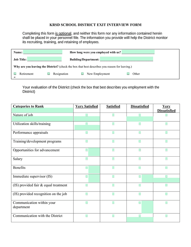 KRSD School District Exit Interview Form screenshot