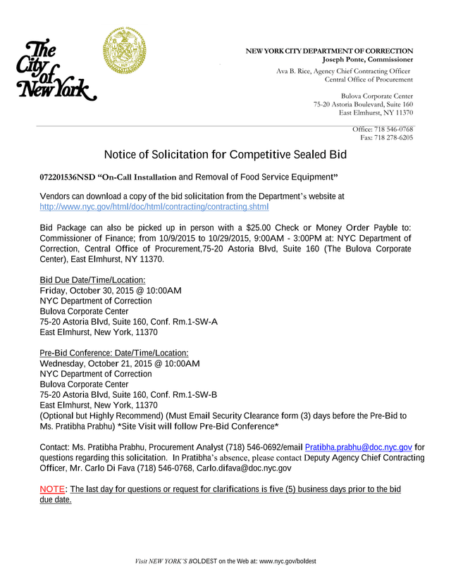 Notice Of Solicitation For Competitive Sealed Bid 072201536NSD On Call Installation And Removal Of F screenshot