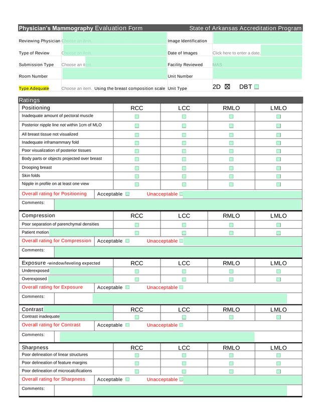 PhysicianS Mammography Evaluation Form screenshot