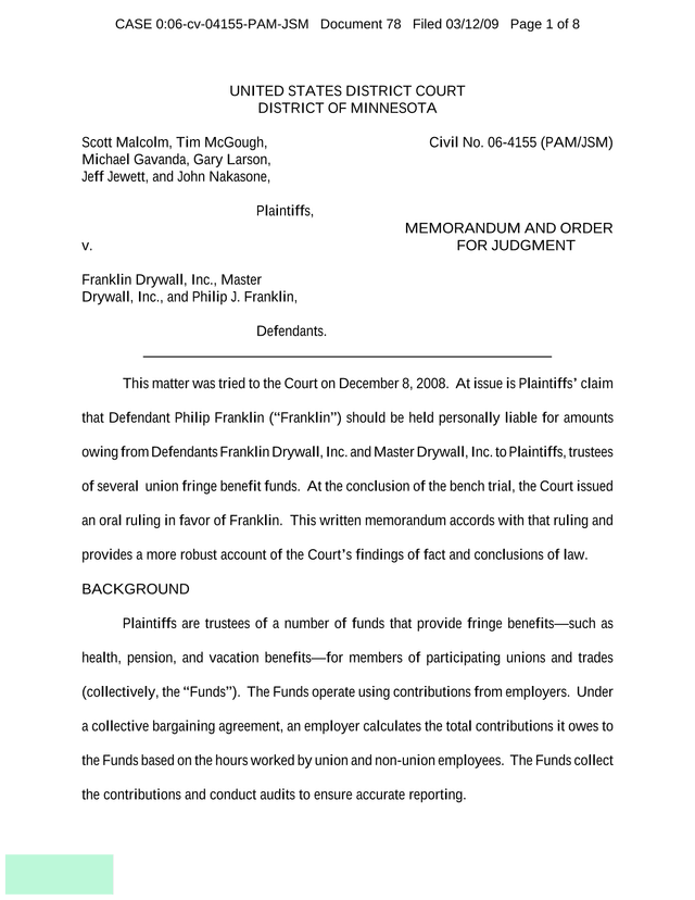 Memorandum And Order For Judgment Malcolm Et Al. V. Franklin Drywall, Inc. Et Al. screenshot